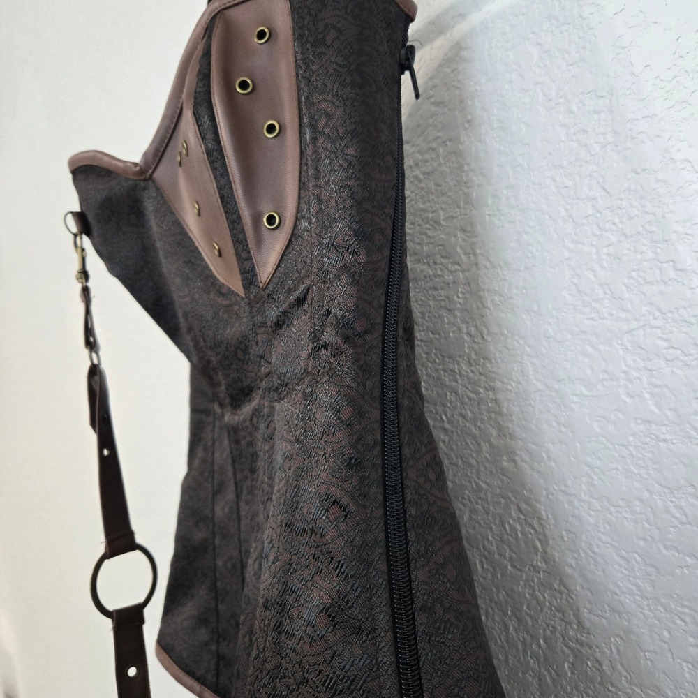 Charmian L Brown Steampunk Corset Top Faux Leather Accents Renaissance Cosplay - Picture 5 of 8